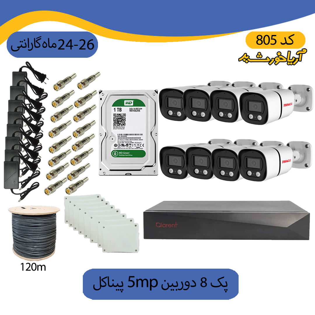 8دوربین 5مگ پیناکل پکیج دوربین مداربسته 8 دوربین دیددرشب رنگی 5MP پیناکل